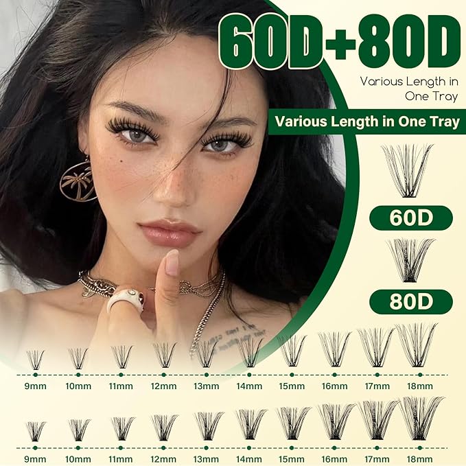 KEYYOU Lash Clusters Kit DIY Lash Extension Kit 280pcs Soft Lash Clusters 60D+80D D Curl Easy to Apply with Bond and Seal Applicator Remover Eyelash Extension Kit at Home(RMkit-60D80D-D-10-18mix)