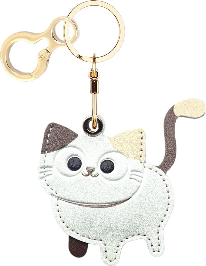Leather Keychain Holder Case Compatible with AirTag,Cute Protective Cover with Keyring,Anti-Scratch Finder GPS Tracker Case for Wallet Keys,Bag,Pets(Cat A)