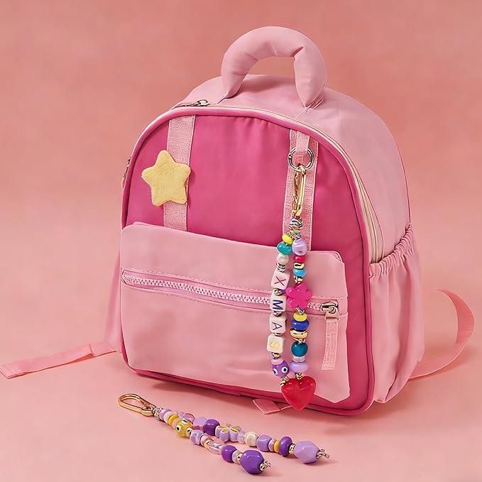 MYCUTEY DIY Keychain Making Kit-Beaded Keychain & Bag Charm Craft Supplies with Keyrings,Cords and Colorful Letter,Star,Heart,Beads,Personalized Name Making Kit Gifts for Kids Girls Women