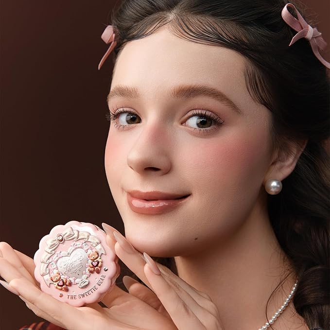 Flower Knows The Sweetie Bear Collection Silk Satin Blush,Shimmery Muted Rose Powder Blush for Cheeks,Buildable & Blendable Face Makeup,Soft Long-Lasting for Women & Girls,0.18 Oz(03 Rose Chanson)