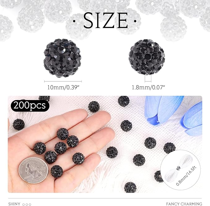 200 Pcs Black Rhinestone Beads for Jewelry Making, Sparkle Crystal Clay Christmas for Bracelet Baseball Necklace Earring Crafting and DIY, Shiny Round Shamballa Disco Ball Beads Bulk