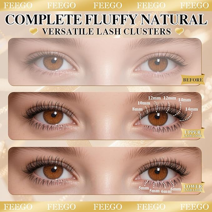 FEEGO Natural Mix Lash Kits 12 Row Upper Lash + Lower Lash Set 132pcs Lashes, Complete Eye Makeup Set 3D Curl Adapts to a wide range of eye shapes (Includes Lash Bond/Seal Glue/Remover/Tweezers)