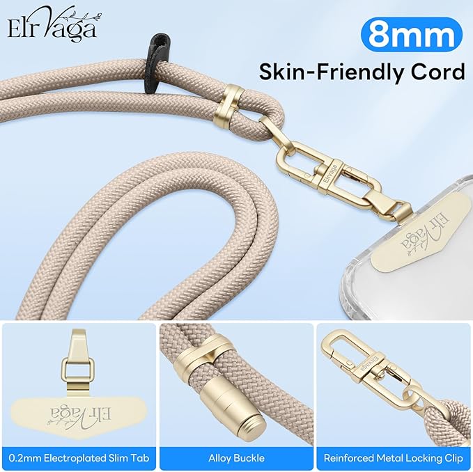 Adjustable Anti-Theft Phone Lanyard Neck & Crossbody Strap with 0.2mm Metal Tab & Comfort-Fit 8mm Rope (Khaki)