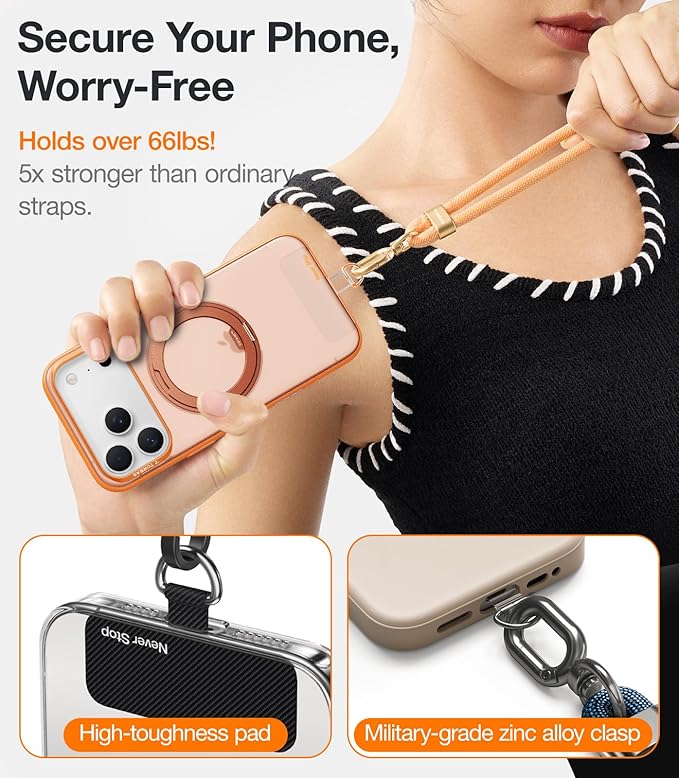 TORRAS Phone Lanyard Crossbody with 2 Phone Tabs, Adjustable Anti Theft Strap for All Cellphone, Premium Metal Buckles, Skin-Friendly, Universal Cellphone Neck lanyard for Travel Essentials, Orange
