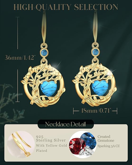 FANCIME Tree of Life Dangle Drop Earrings 925 Sterling Silver Dainty Round Gemstone Birthstone Earring Fine Jewelry Birthday Christmas Gifts for Her Women