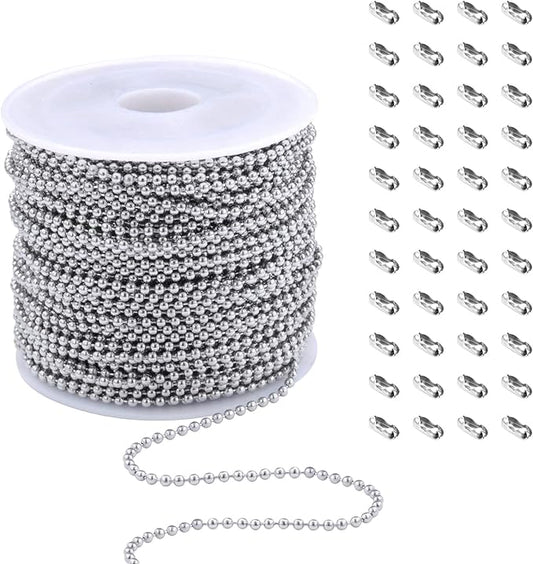 Stainless Steel Ball Bead Chain [2.0mm/50Feet] Chains Spool with 30 PCS Connectors for Jewelry Making