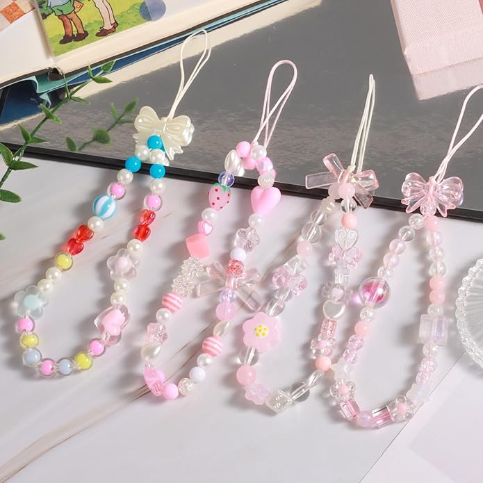 Draupnir 4pcs Phone Charms Strap, Butterfly Bow Camera Strap Wrist Beaded Phone Bracelet Wrist Straps, Pearl Bracelet Lanyard Keychain Charm for Women