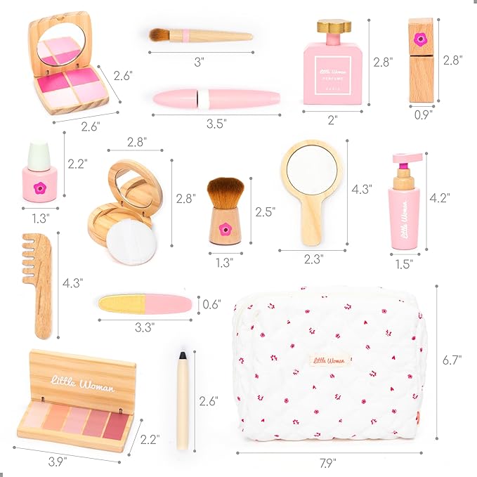UMU® Wooden Pretend Makeup Kit for Toddlers – Realistic Toy Beauty Set for Girls with Lipstick, Mirror, Perfume, Powder & Cosmetic Bag – Play Makeup for Kids Ages 3 4 5 6