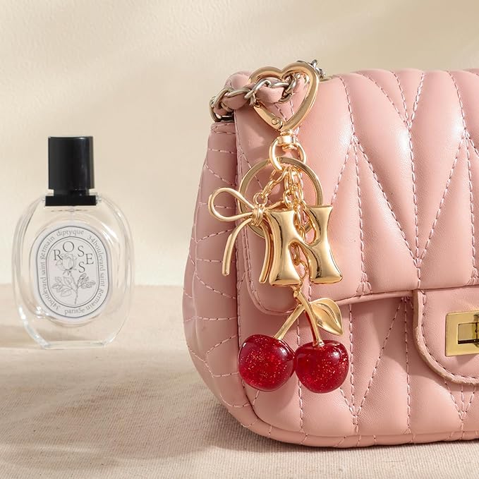 Snycler Bubble Initial Keychain with Cherry & Bow - Gold Letter Bag Charms for Women, Cute Purse Handbag Accessories