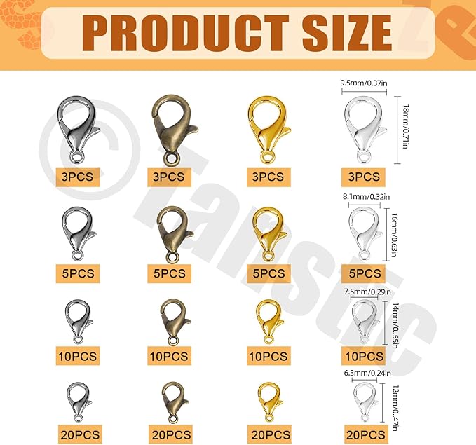Tanstic 152Pcs 4 Colors 4 Sizes Lobster Claw Clasps Kit, 12mm, 14mm, 16mm, 18mm Alloy Small Jewelry Clasps Lobster Clasps for DIY Necklace Bracelet Jewelry Making