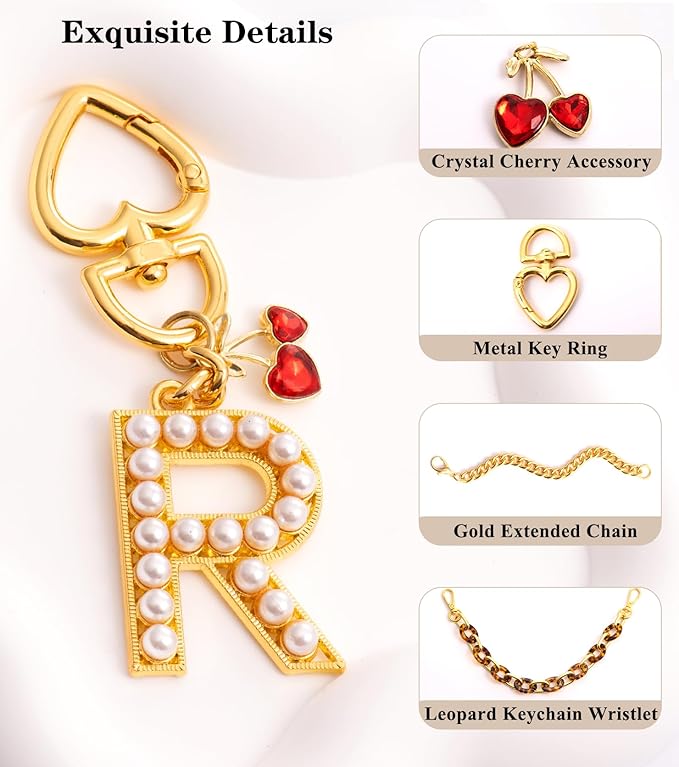 Pearl Initial Keychain with Leopard Bag Charms Wallet Chain Women Cute Alphabet Keychains Charm for Purse Handbag