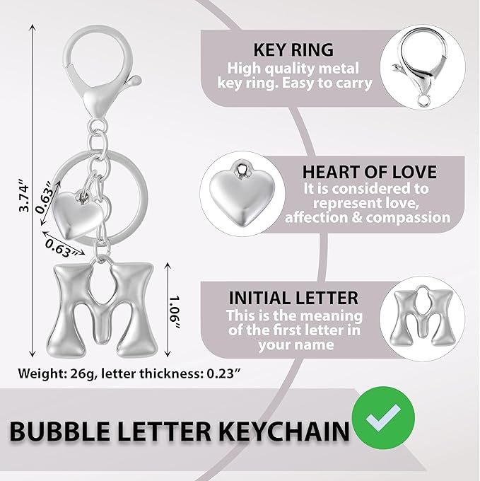 Heart Bubble Letter Keychain for Women, Girls - Cute Keychain with Initial - Alphabet Keychain for Bag Charm, Handbag