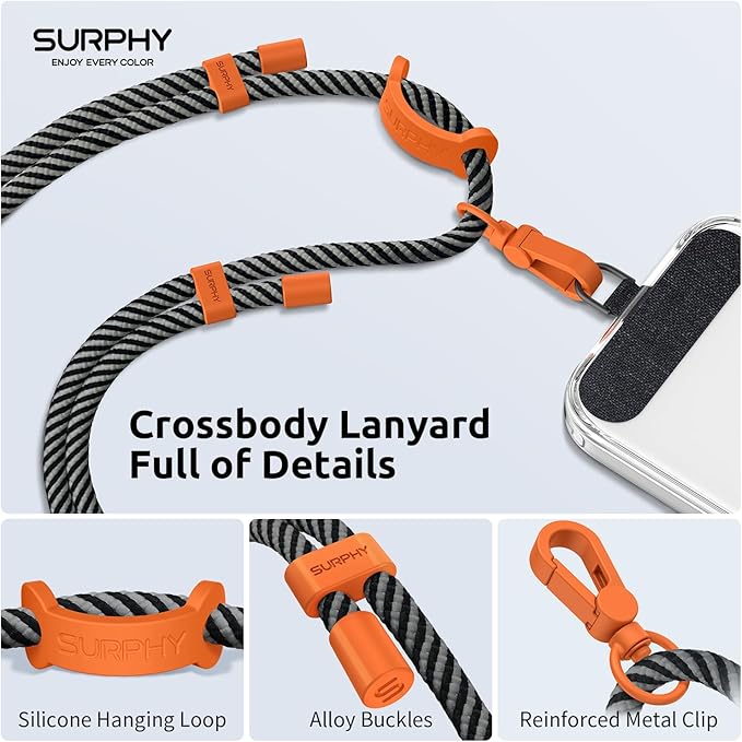 SURPHY Phone Lanyard, Adjustable Phone Strap Crossbody with 2 Pack Cell Phone Tether Tab, Premium Metal Buckles and Two-Color Braided Cell Phone Lanyard Crossbody for Women and Men, Black & Grey