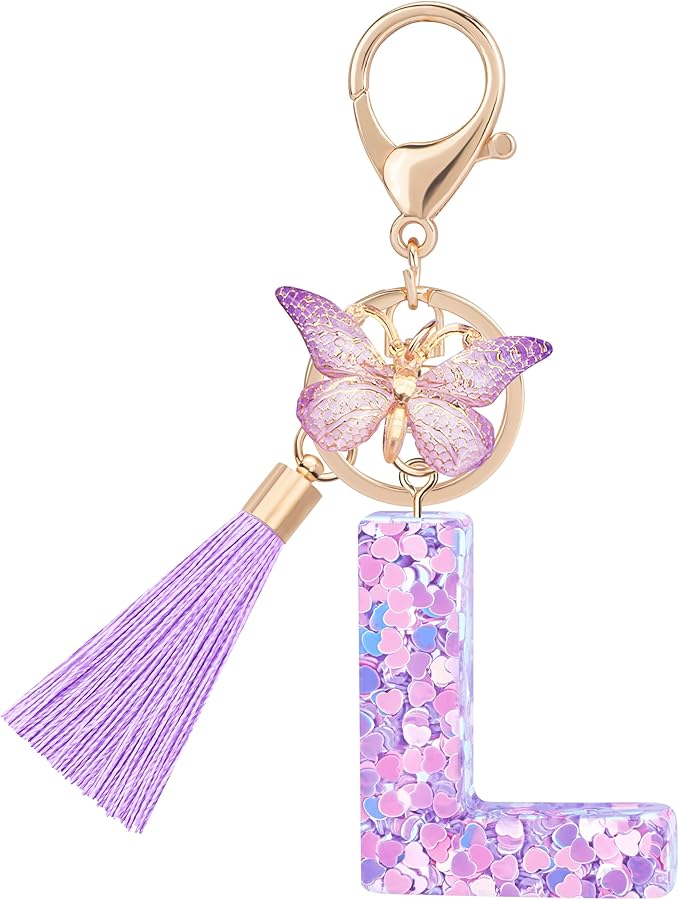 Initial letter Keychains for Women Girls Tassel Butterfly Cute Keychain for Wallet Backpack charm