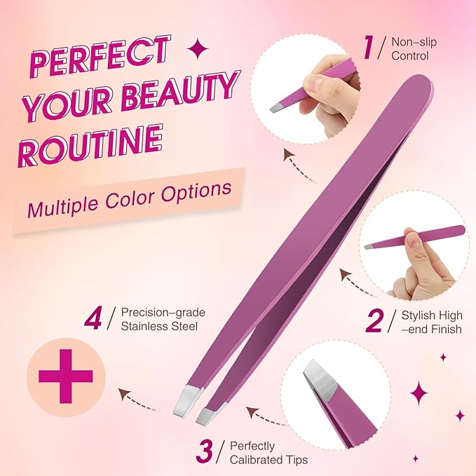 Mudder 12 Pcs Eyebrow Tweezers Set for Facial Hair Stainless Steel Slanted Tip Tweezers in Bulk for Men and Women (Purple)