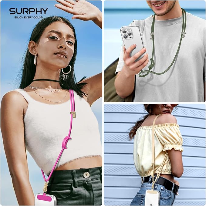 SURPHY Phone Lanyard Crossbody, Adjustable Cell Phone Lanyard with 2 Pack Phone Tether Tab, Two-Color Braided Phone Strap (Hot Pink)