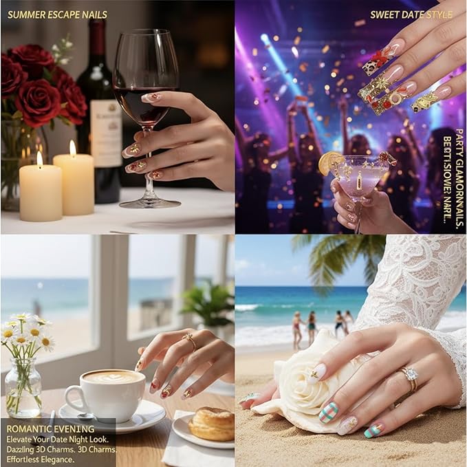 100 Pcs Gold Red Nail Charms Y2K with Lipsticks, Wine Bottles, Wine Cups, Lips, Tulips, Stars, High Heels, Perfume Bottle