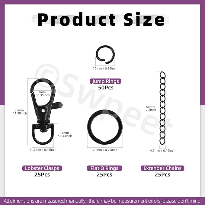 Swpeet 125Pcs Black Keychain Making Set, 25Pcs Swivel Lanyard Snap Hook, 25P Keychain Ring, 25P Extender Chains, 50P Open Jump Rings, Swivel Lobster Clasps, Keychains Clips
