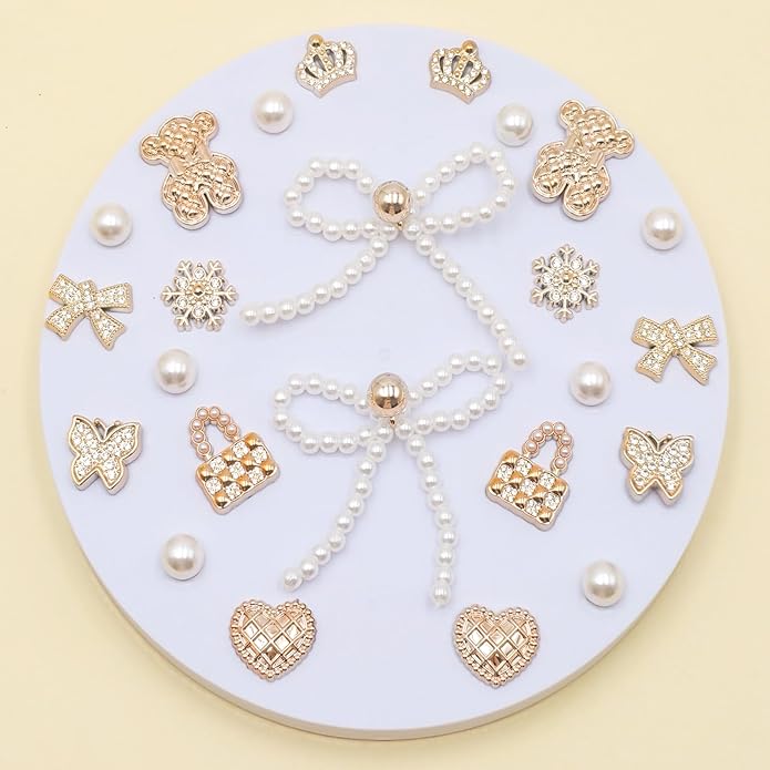 24Pcs Bling Pearl Bow Shoe Charms for Clog Sandals Women, Bear, Flower, Pearl Accessories, DIY Shoe Decoration Charms for Girls