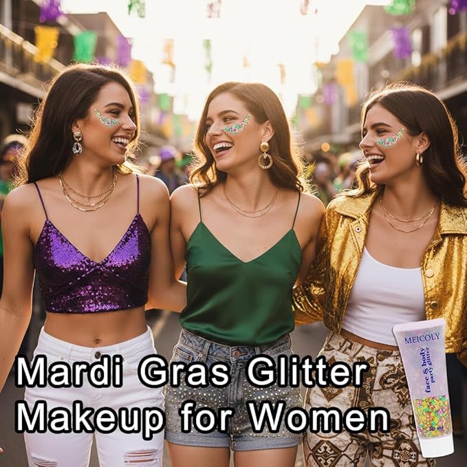 MEICOLY Mardi Gras Face Glitter,Mardi Gras Outfit for Women Kids,Mardi Gras Accessories for Carnival,Gold Green Purple Mixed Chunky Glitter,Rave Festival St Patricks Day Glitter for Face/Body/Hair