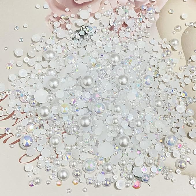 100g Mix Resin Rhinestones Flatback Half Round Pearls Mixed Size 3mm-10mm AB Color Half Pearls Resin Rhinestones for DIY Craft Nail Art Shoes Clothes Phone Case (White Series)