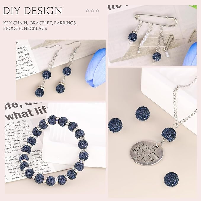 200 Pcs Blue Black Rhinestone Beads for Jewelry Making, Sparkle Crystal Clay Christmas for Bracelet Baseball Necklace Earring Crafting and DIY, Shiny Round Shamballa Disco Ball Beads Bulk