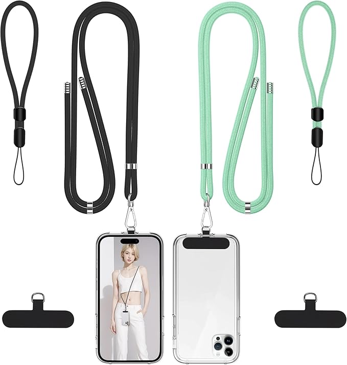 takyu Phone Lanyard, 2 Pack Adjustable Cell Phone Lanyard Crossbody Neck Strap & 2 Pack Phone Wrist Strap with Tether Tabs Compatible for iPhone Android Smartphones-Black Green
