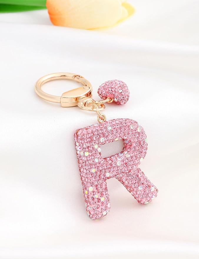 Initial Keychain for Women Girls,Bling Letter Key chain Initial with Heart,Pink Keychain Charms for Backpack Handbag