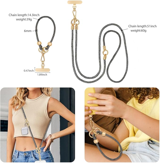 Crystal Phone Strap Crossbody and Wrist Lanyard, Anti Theft Layered & Wrist Strap Cell Phone Neck for Women