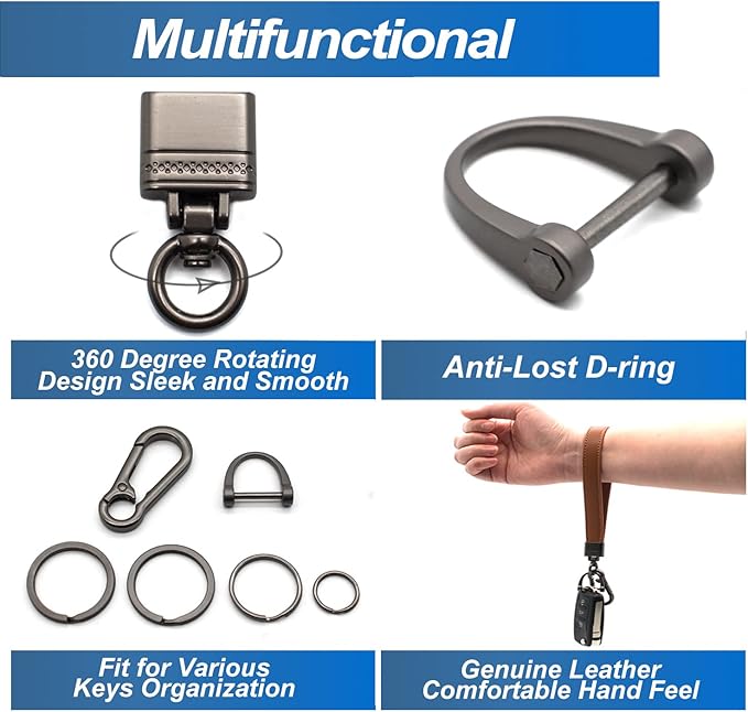 Car Fob Key Chain Genuine Leather Wristlet Strap Keychains Holder for Men and Women, 360 Degree Rotatable, with Anti-lost D-Ring, Carabiner Clip and 4pcs Key Rings, Dark and Coffee