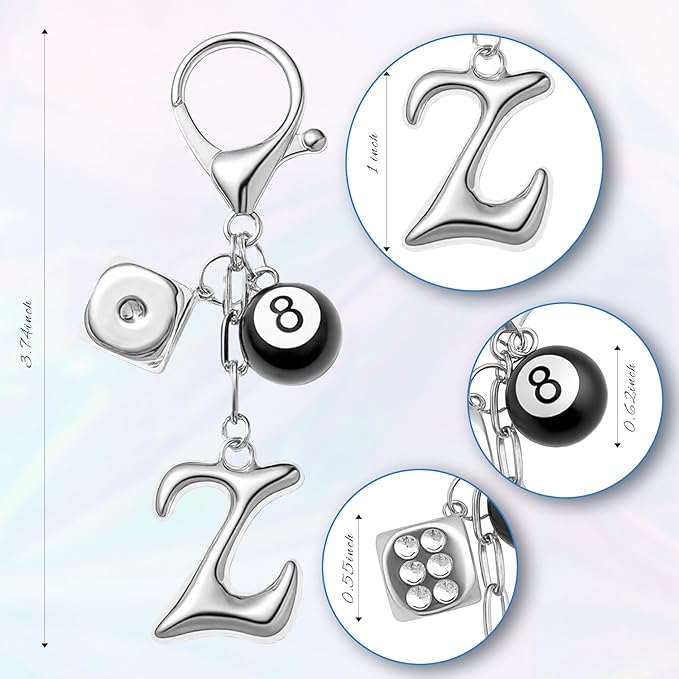 8 Ball Dice Keychain with Silver Bubble Initial - Y2K Aesthetic Cute Bag Purse Charms for Women
