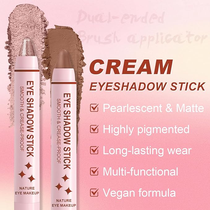 8Pcs Eyeshadow Stick, Eye Brightener Stick Built-in Blender Brush, Shimmer Creamy Eye Shadow Makeup, Waterproof Long Lasting Glitter Highlighter Eye Liner Pencil (8PCS A)
