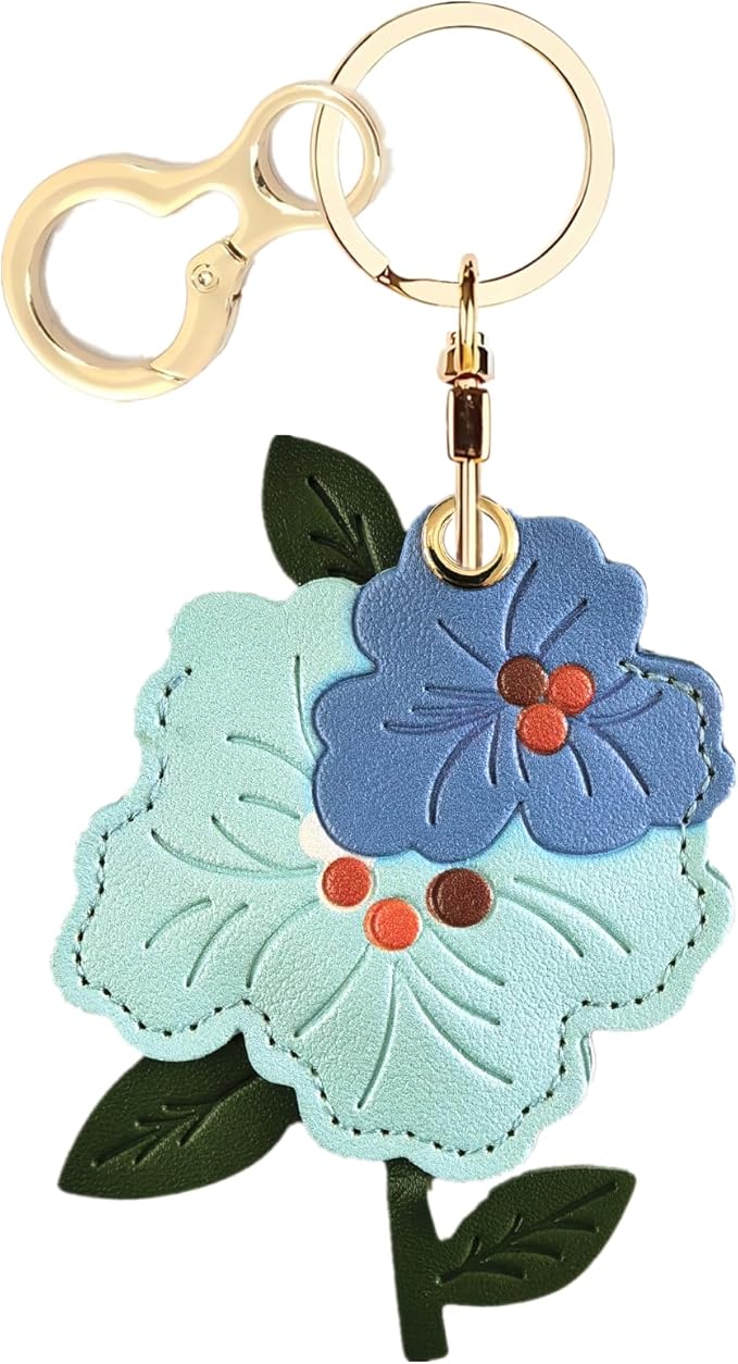 Leather Keychain Holder Case Compatible with AirTag,Cute Protective Apple Air Tag Cover with Keychain Ring,Anti-Scratch Finder GPS Tracker Case for Wallet Keys,bag,pets(Blue Peach Blossom)