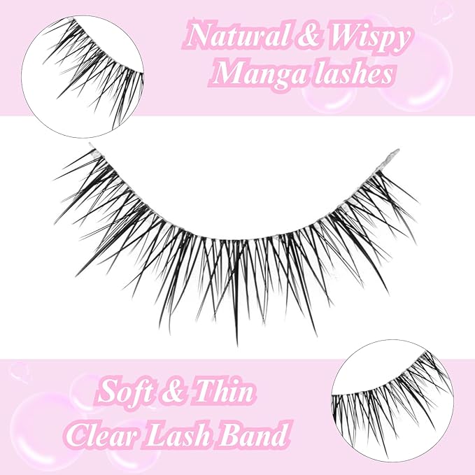 outopen 10 Pairs Manga Lashes Natural Look False Eyelashes Wispy Spiky Anime Lashes Korean Japanese Asian Style Cosplay Fake Eyelashes with Clear Band
