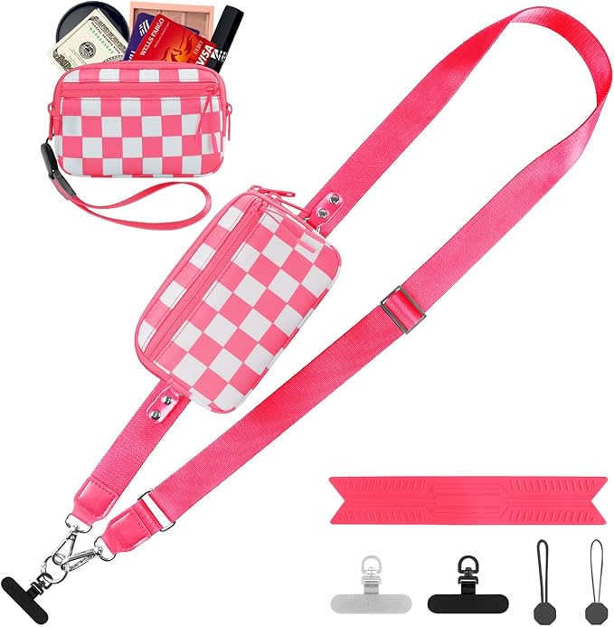 Clip and Go Strap for Phone with Wallet Crossbody, Adjustable Phone Lanyard with Detachable RFID Wristlet Wallet, Phone Strap with Phone Tabs for All Phones, Pink Checkered (M)
