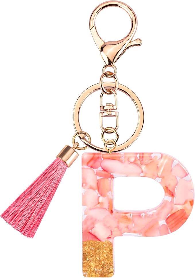 Suweibuke Cute Pink Key Chains for Women Girls, Initial Letter Keychains with Tassel, Charms for Key Purse Handbags Backpacks