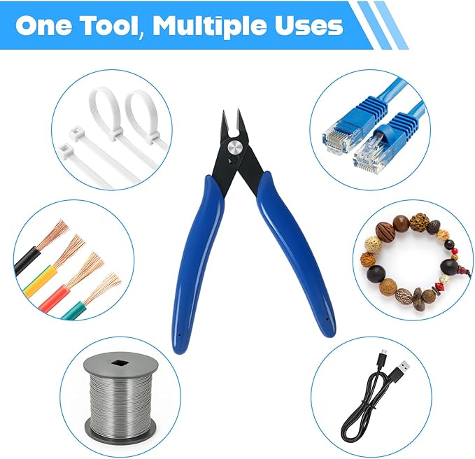 QBY Micro 170 Wire Cutters, 5'' Precision Flush Cutters with Spring, Diagonal Side Cutting Pliers for Jewelry Making, 3D Printing, Electronics, Crafting and Plastic Models, Blue, 2 Pack