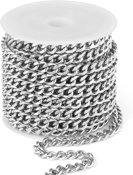 16.5FT Stainless Steel Cuban Chain Roll 6MM Diamond-Cut Curb Link Chains Spool Bulk for Jewelry Making