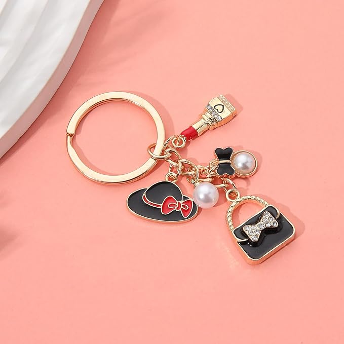 PHAETON 10PCS Keychains with Hat, Lipstick, Pearl, Bow, Handbag Pedant for Women Enthusiast Keychain Set Makeup Lovers Gift Cosmeticians Gift Make up Decoration Favor