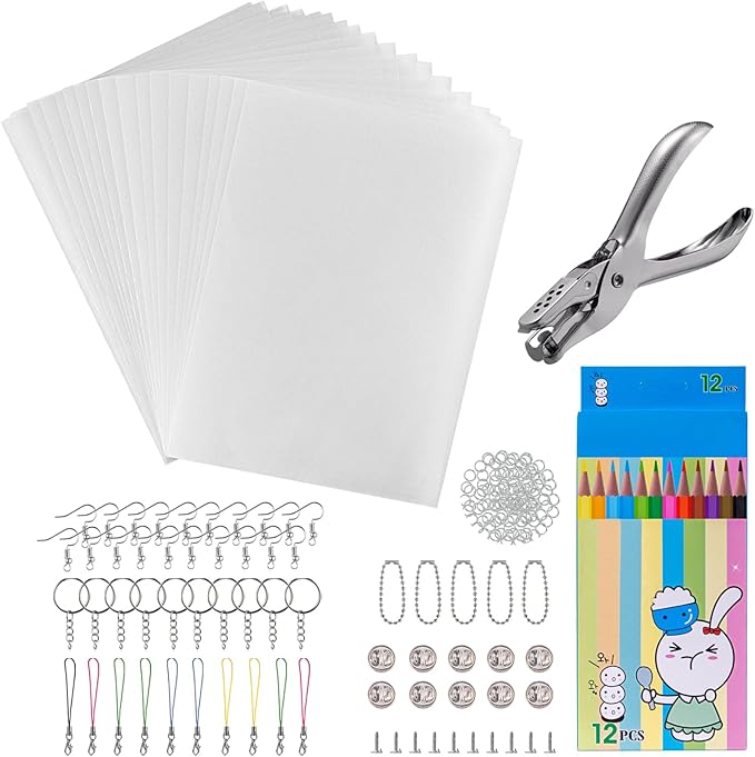 chfine Heat Shrink Plastic Sheets Keychain Kit, 188Pcs Shrinky Dink Sheets Shrinky Dink Paper Shrink Art Kits for Kids Including 20Pcs Shrink Paper Sheets, Hole Punch, Pencils, Keychains for Crafts