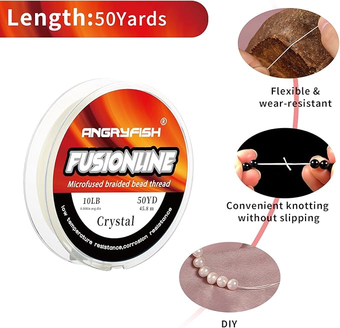 ANGRYFISH Fusionline Micro-Fused Braided Thread,Unbelievably High Tensile Strength,Not Stretch,Super Strong Stringing Material for Bracelet (Crystal, 10lb,0.008in-50yd)