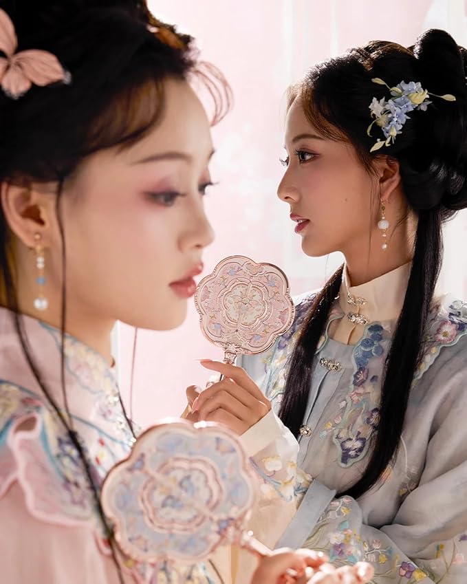 Flower Knows Butterfly Cloud Collar Hand Mirror,Vintage Chinese Round Fan Design,Fancy & Pretty Princess Handheld Mirror with Long Handle,Gift for Girls & Women(Lotus Pink)