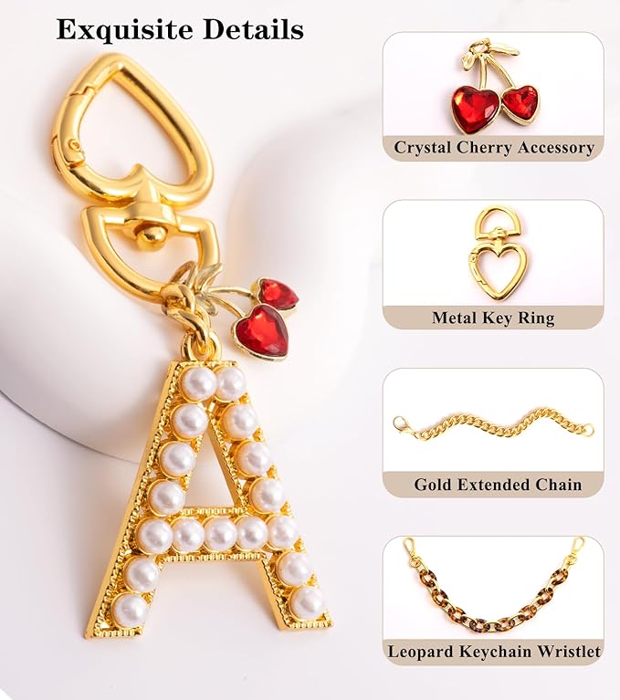 Pearl Initial Keychain with Leopard Bag Charms Wallet Chain Women Cute Alphabet Keychains Charm for Purse Handbag