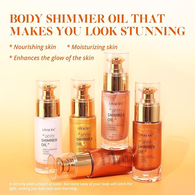 Liyalan Shimmer Body Oil Bronze Gold 1.0 fl.oz Face Glow Pearl Highlighter Illuminator Long-Lasting Shine Glitter Liquid Tanning with Makeup Brush
