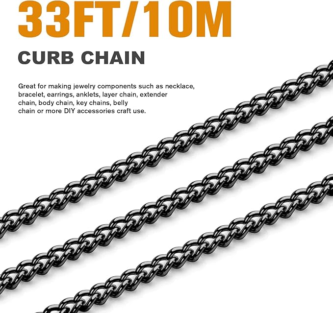 33FT Gunmetal Stainless Steel Curb Chains Roll, 4mm 304 Stainless Steel Black Flat Twisted Links Curb Chains Bulk Spool for Jewelry Making DIY Craft