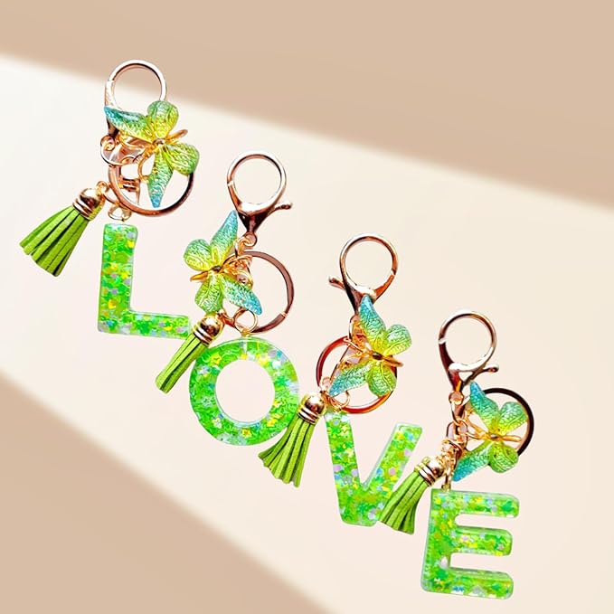 Cute Initial Letter Keychains for Women Girls Tassel Butterfly Pink Purple Green Keychain for Backpack School Bag