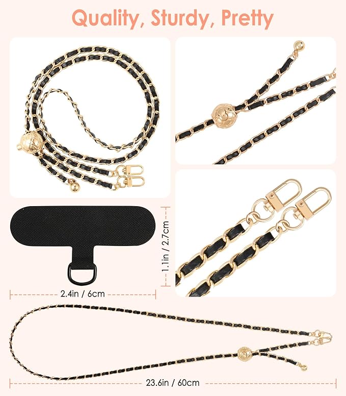 MoKo Universal Phone Lanyard, Adjustable Metal Cell Phone Chain Crossbody Strap Anti-Theft Detachable Women Cellphone Lanyards Around the Neck with Patches for iPhone, Most Smartphones,Black