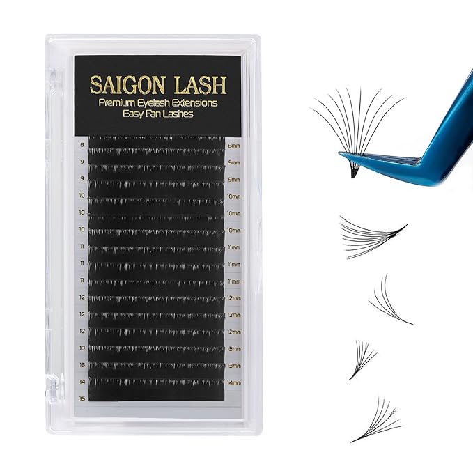 SAIGON LASH Easy Fan Eyelash Extensions, Volume Lash Tray for Lash Techs, C/CC/D Curl, 0.03/0.05/0.07mm Thickness, 8-15mm Mixed Lengths, 16 Rows, Soft PBT Material, Black (CC-0.05)