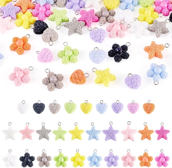 Resin Love Heart Star Flower Charms Colorful Heart Floral Pentagram Pendants Cute Hang Ornament for DIY Crafts Necklace Bracelet Keychain Jewelry Making