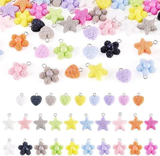 Resin Love Heart Star Flower Charms Colorful Heart Floral Pentagram Pendants Cute Hang Ornament for DIY Crafts Necklace Bracelet Keychain Jewelry Making